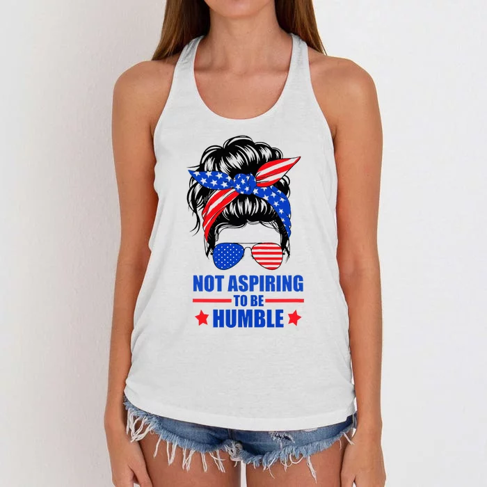 Not Aspiring To Be Humble Messy Bun Sunglasses American Flag Women's Knotted Racerback Tank