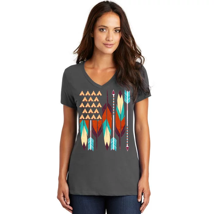 Native American Flag Feathers and Arrows Women's V-Neck T-Shirt