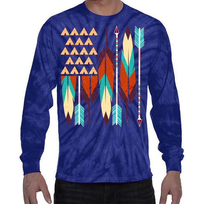 Native American Flag Feathers and Arrows Tie-Dye Long Sleeve Shirt