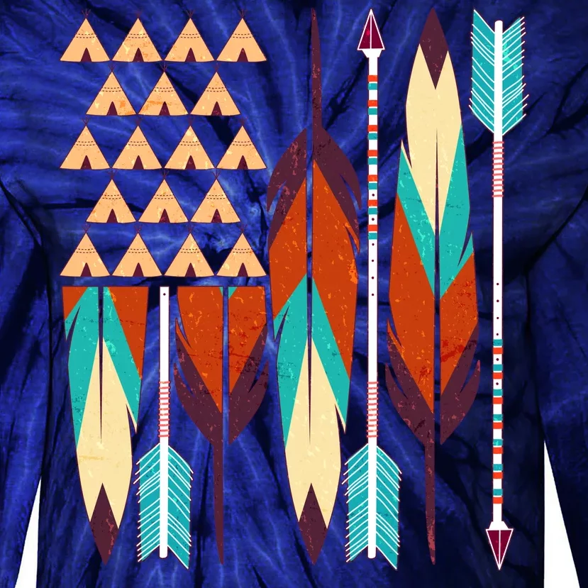 Native American Flag Feathers and Arrows Tie-Dye Long Sleeve Shirt