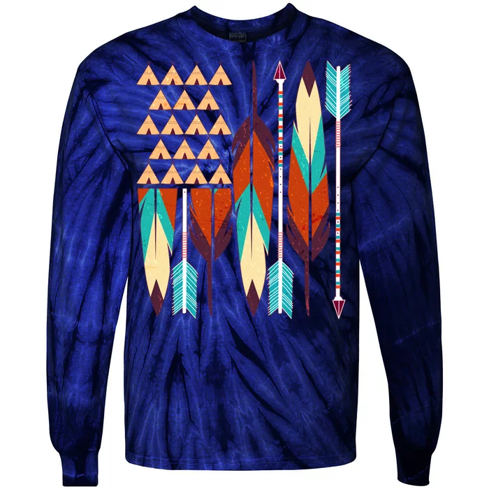 Native American Flag Feathers and Arrows Tie-Dye Long Sleeve Shirt