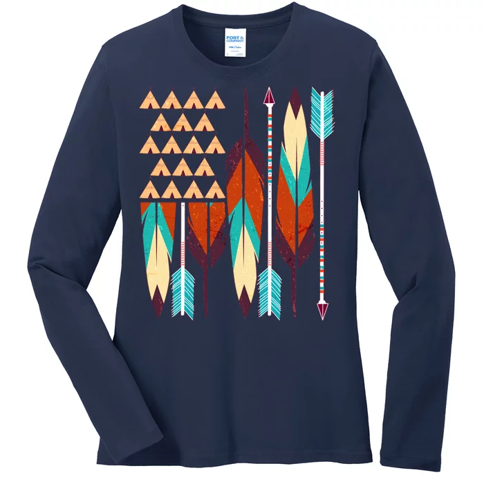 Native American Flag Feathers and Arrows Ladies Long Sleeve Shirt