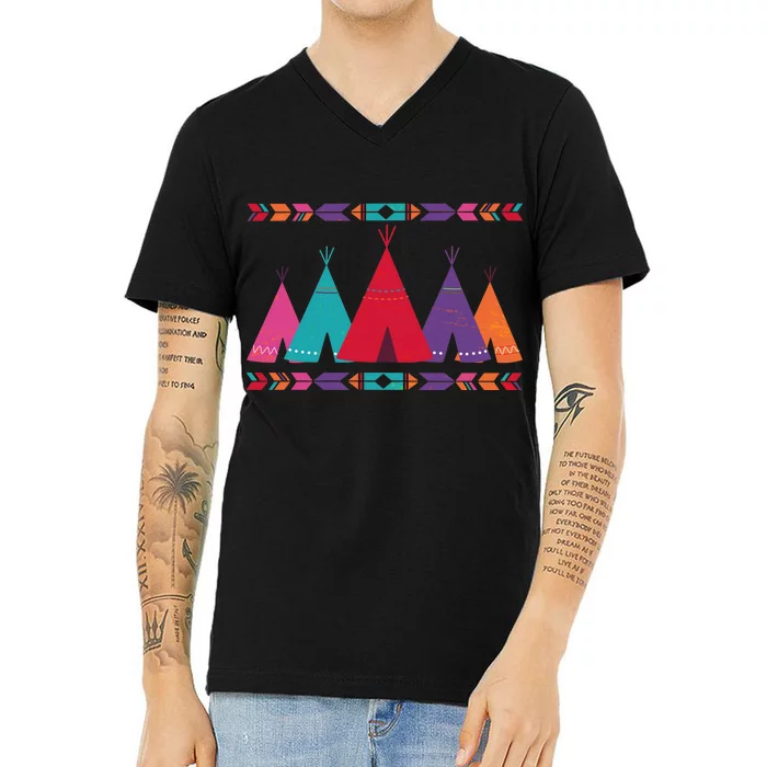 Native American Teepee Pattern V-Neck T-Shirt