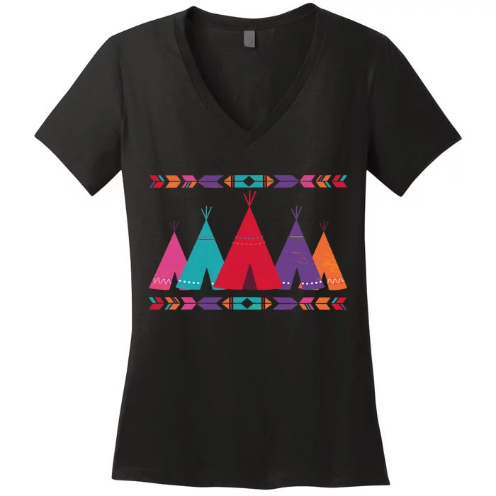 Native American Teepee Pattern Women's V-Neck T-Shirt