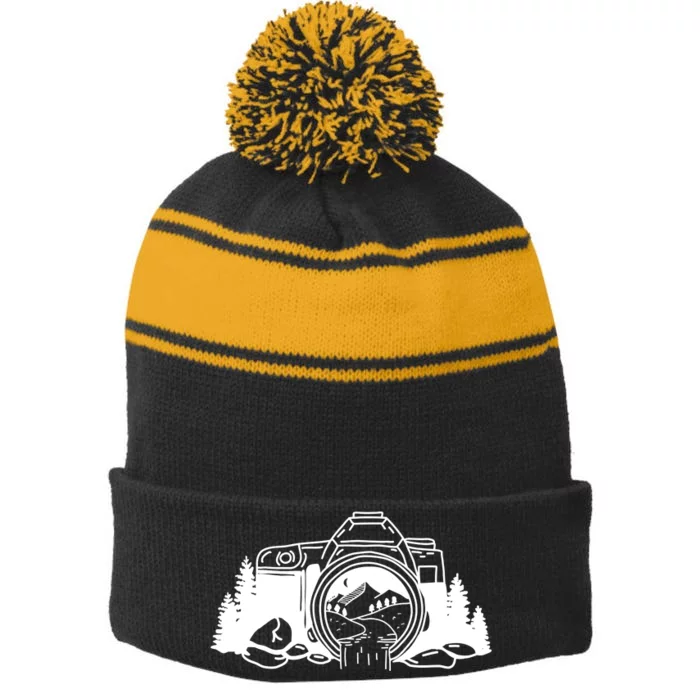 Nature Camera Waterfall Stripe Pom Pom Beanie