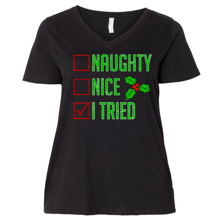 Naughty Nice I Tried Christmas Women's V-Neck Plus Size T-Shirt