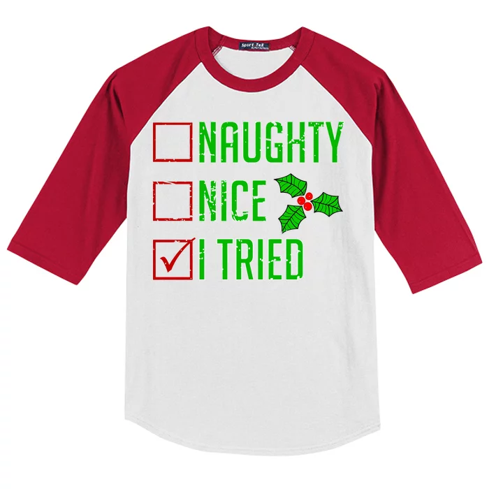 Naughty Nice I Tried Christmas Kids Colorblock Raglan Jersey