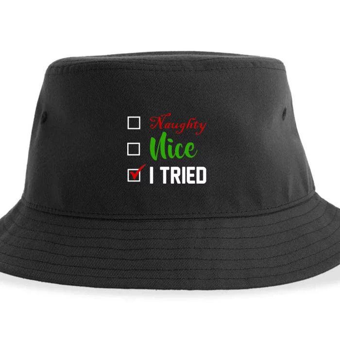 Naughty Nice I Tried Funny Xmas Sustainable Bucket Hat