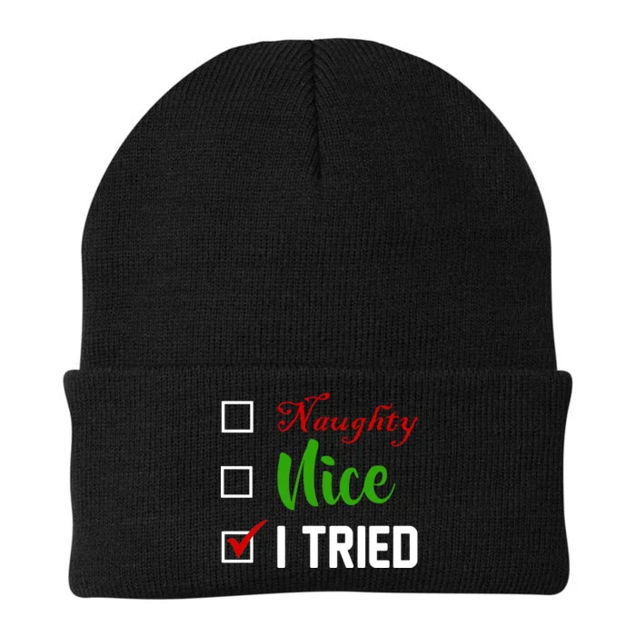 Naughty Nice I Tried Funny Xmas Knit Cap Winter Beanie