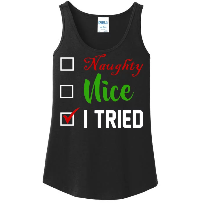 Naughty Nice I Tried Funny Xmas Ladies Essential Tank