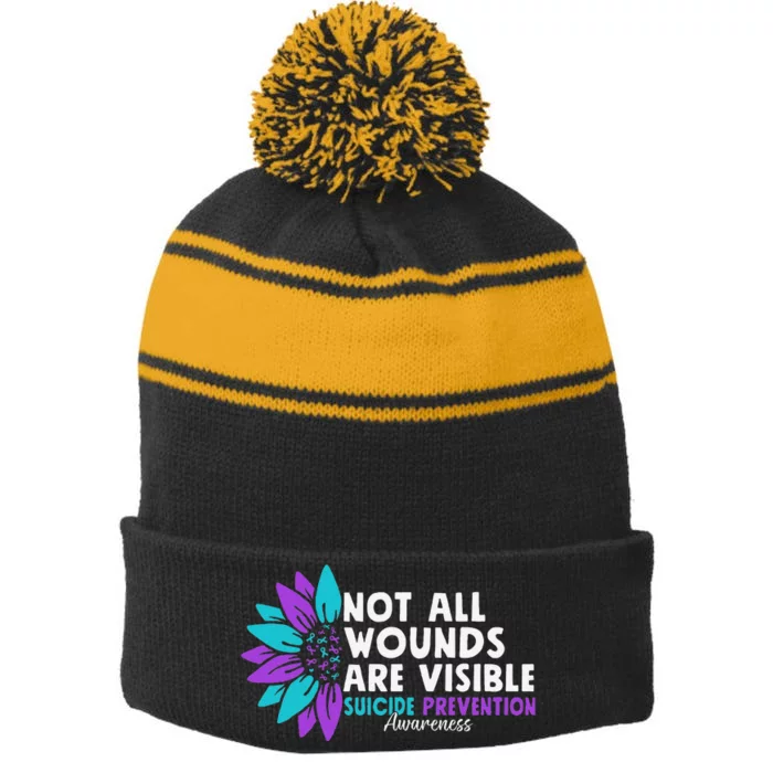 Not All Wounds Are Visible Suicide Awareness Mental Health Stripe Pom Pom Beanie