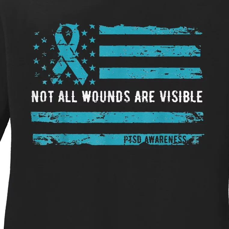 Not All Wounds Are Visible PTSD Awareness Ribbon Flag Ladies Long Sleeve Shirt