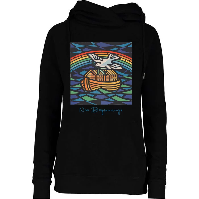 New Beginnings 1955 Noahs Ark Dove Of Peace Rainbow Art Womens Funnel Neck Pullover Hood