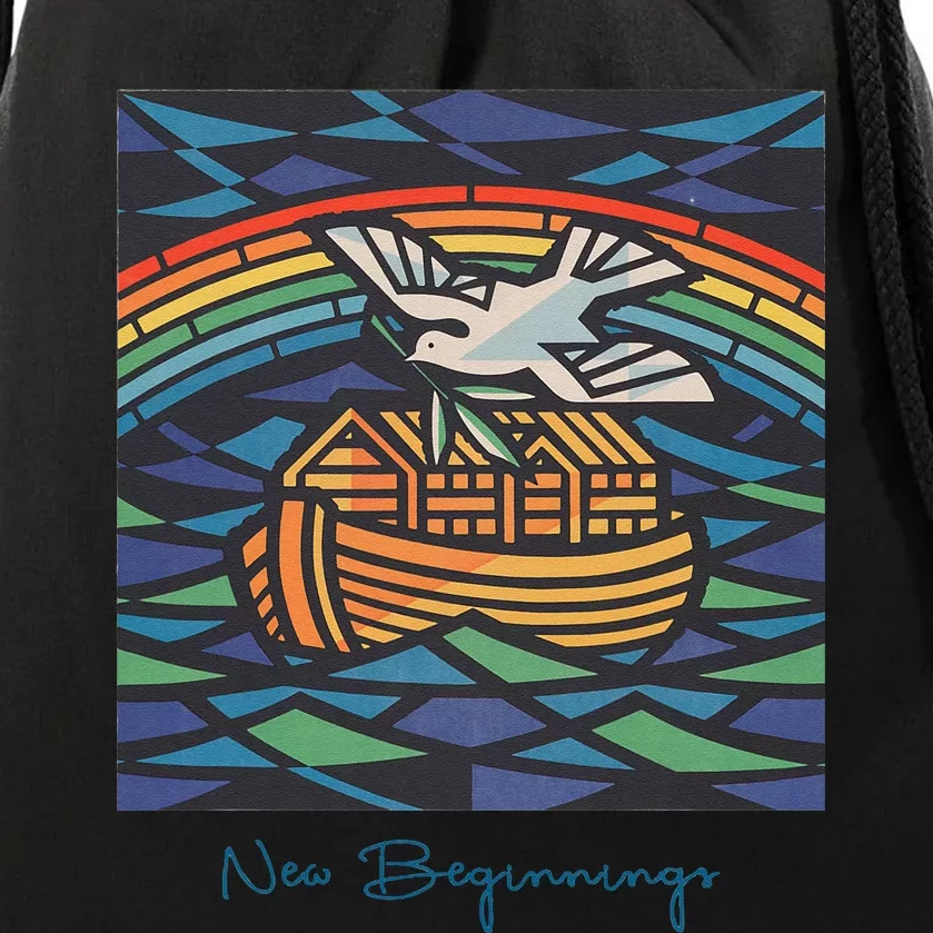 New Beginnings 1955 Noahs Ark Dove Of Peace Rainbow Art Drawstring Bag