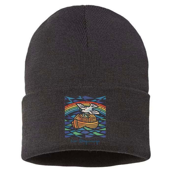 New Beginnings 1955 Noahs Ark Dove Of Peace Rainbow Art Sustainable Knit Beanie