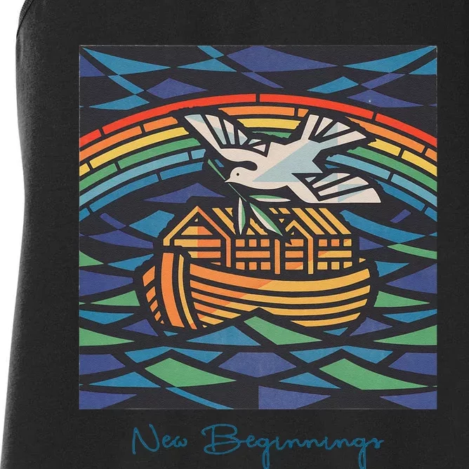 New Beginnings 1955 Noahs Ark Dove Of Peace Rainbow Art Women's Racerback Tank