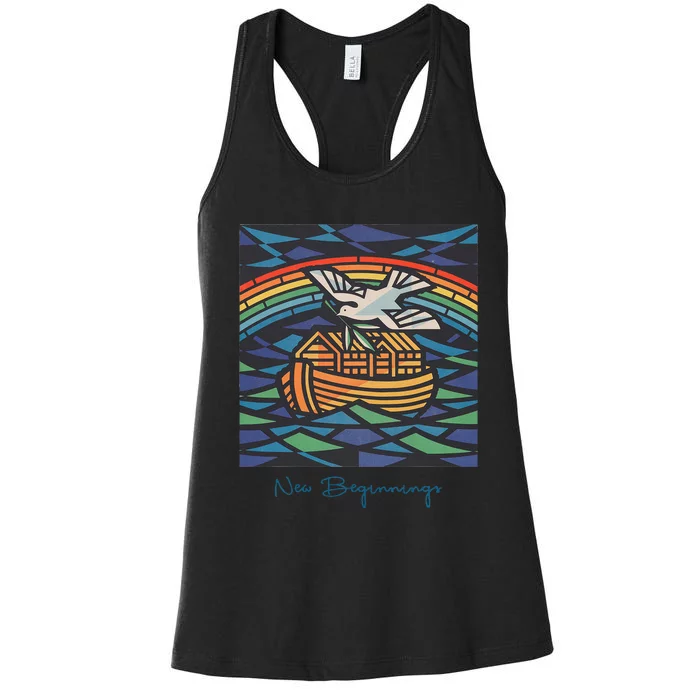 New Beginnings 1955 Noahs Ark Dove Of Peace Rainbow Art Women's Racerback Tank