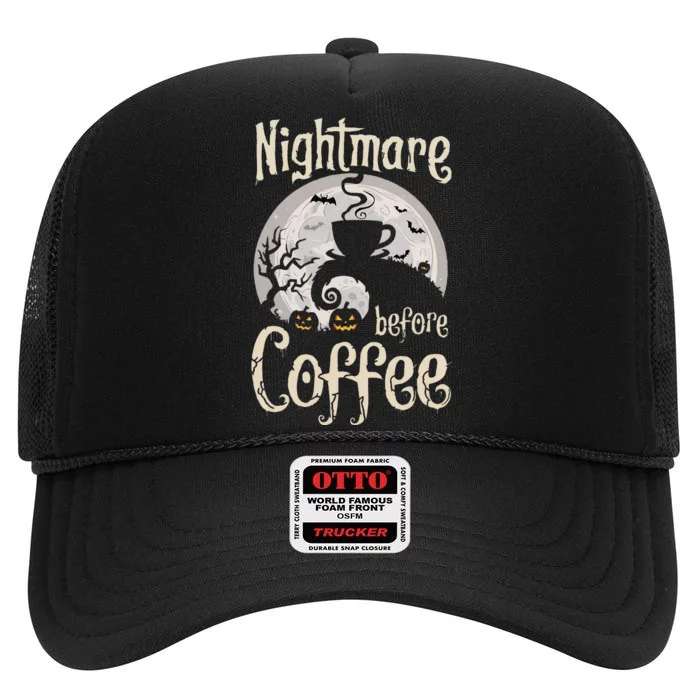 Nightmare Before Coffee Halloween Spooky Coffee Lovers High Crown Mesh Trucker Hat