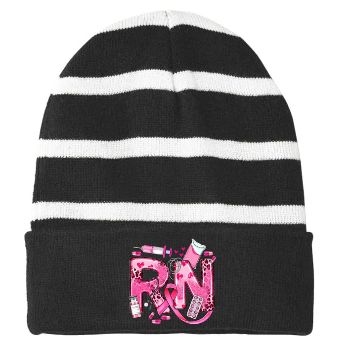 Nurse Breast Cancer Awareness Ribbon Nursing Rn Life Striped Beanie with Solid Band