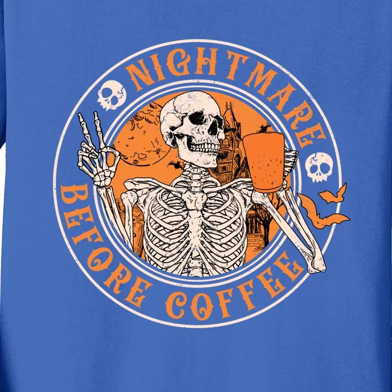 Nightmare Before Coffee Latte Cups Retro Skeleton Halloween Great Gift Kids Long Sleeve Shirt