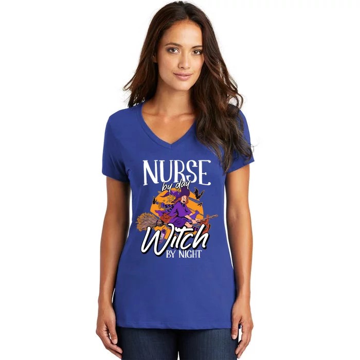 Nurse By Day Witch By Night Lazy Halloween Costume Nursing Gift Women's V-Neck T-Shirt