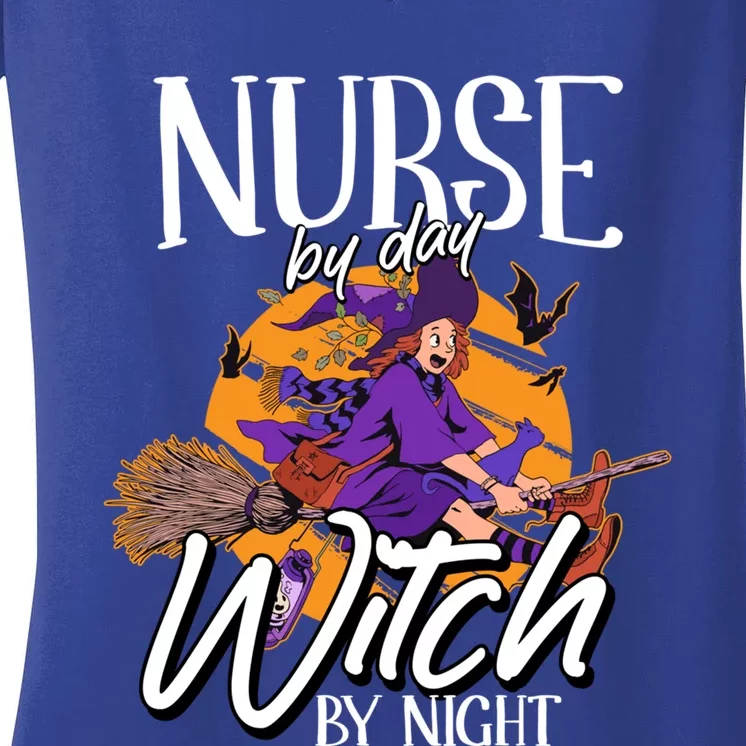 Nurse By Day Witch By Night Lazy Halloween Costume Nursing Gift Women's V-Neck T-Shirt