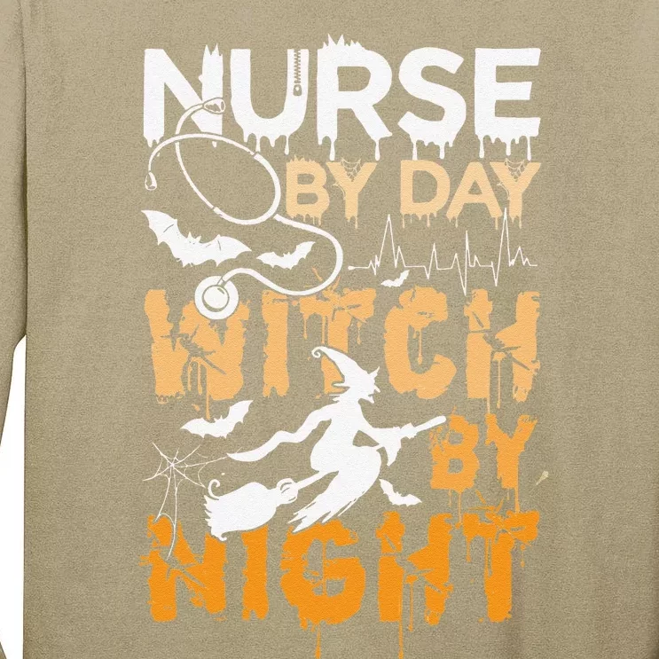 Nurse By Day Witch By Night Funny Halloween Tall Long Sleeve T-Shirt