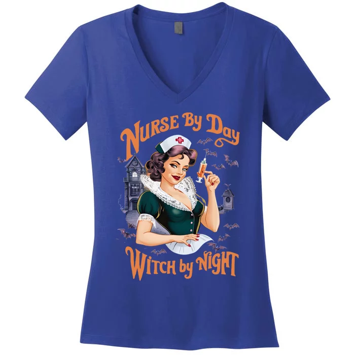 Nurse By Day Witch By Night Funny Halloween Cute Gift Women's V-Neck T-Shirt