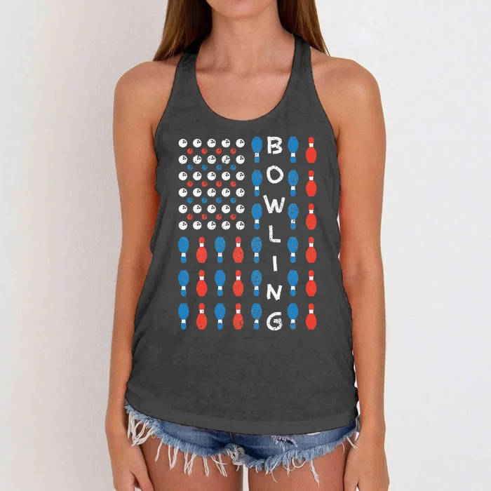 National Bowling Day American Flag Bowling Bowler Team Women's Knotted Racerback Tank