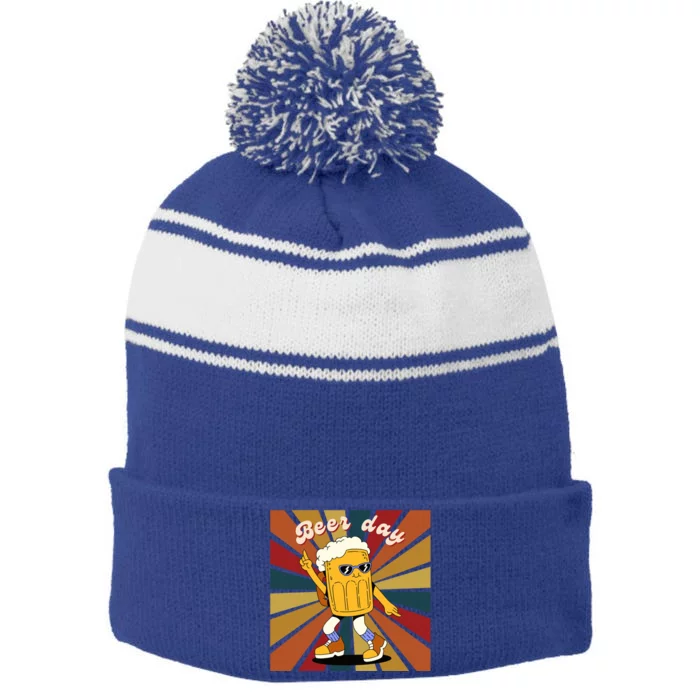 National Beer Day Happy Retro Beer Day Dance Gift Stripe Pom Pom Beanie