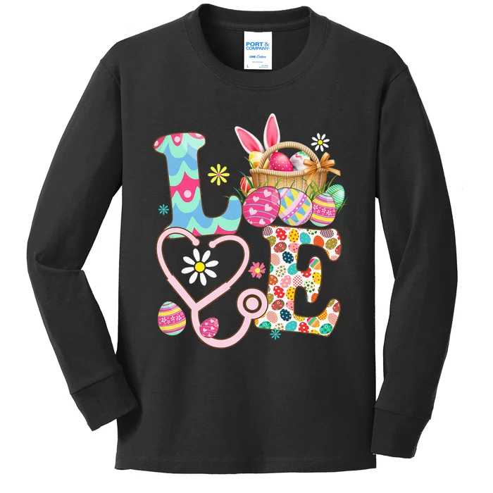 Nurse Bunny Easter Day Love Stethoscope Scrub Kids Long Sleeve Shirt