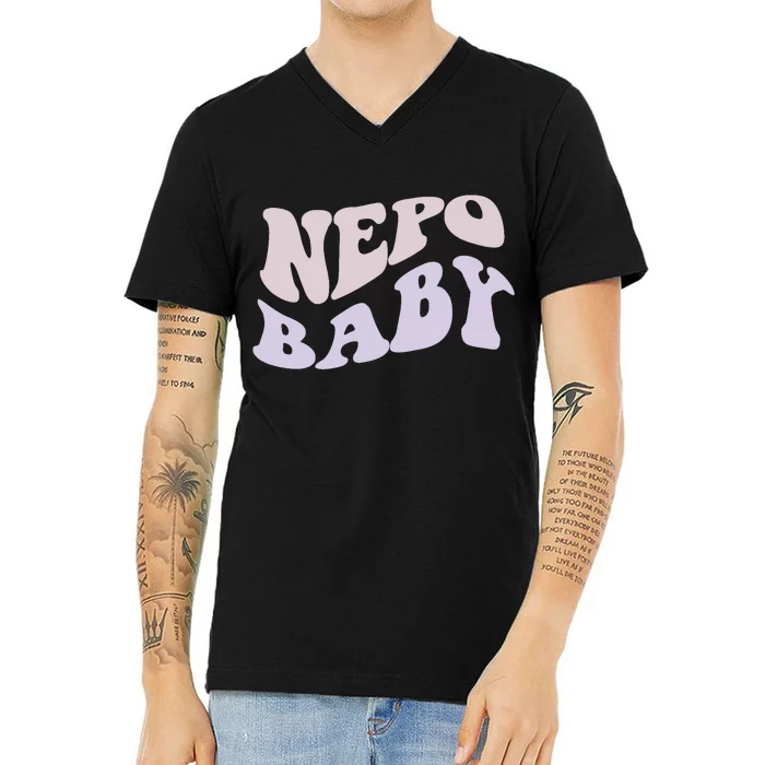 NEPO BABY Funny Nepotism Wavy Vintage Trending Meme V-Neck T-Shirt