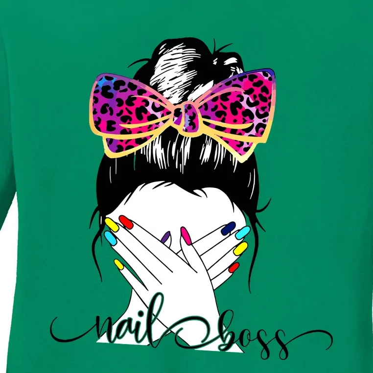 Nail Boss Messy Bun Nail Technician Manicurist Nail Polish Ladies Long Sleeve Shirt