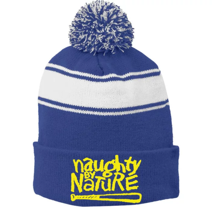 Naughty By Nature – Yellow Logo Black Gift Stripe Pom Pom Beanie