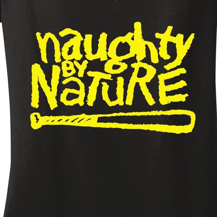 Naughty By Nature – Yellow Logo Black Women's V-Neck T-Shirt