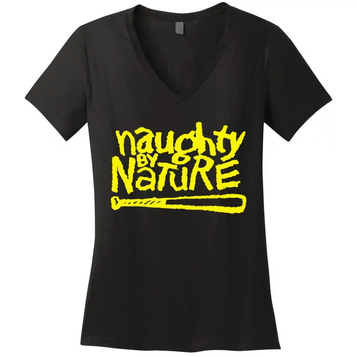 Naughty By Nature – Yellow Logo Black Women's V-Neck T-Shirt