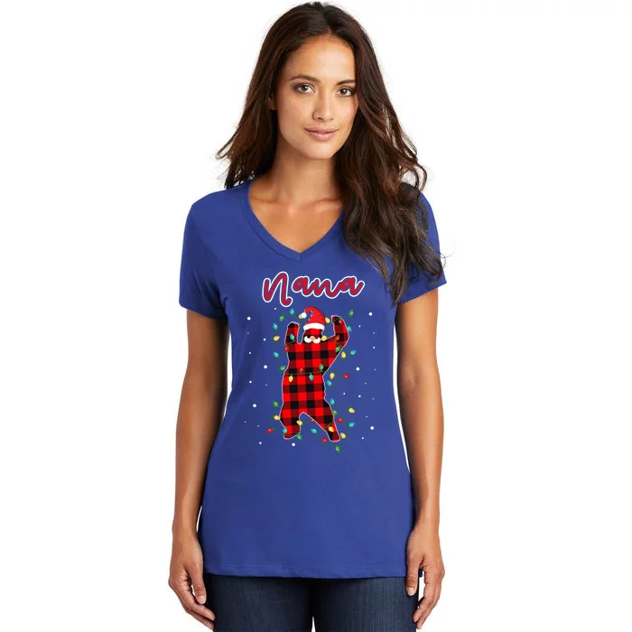 Nana Bear Red Buffalo Plaid Grandma Bear Pajama Xmas Gift Women's V-Neck T-Shirt