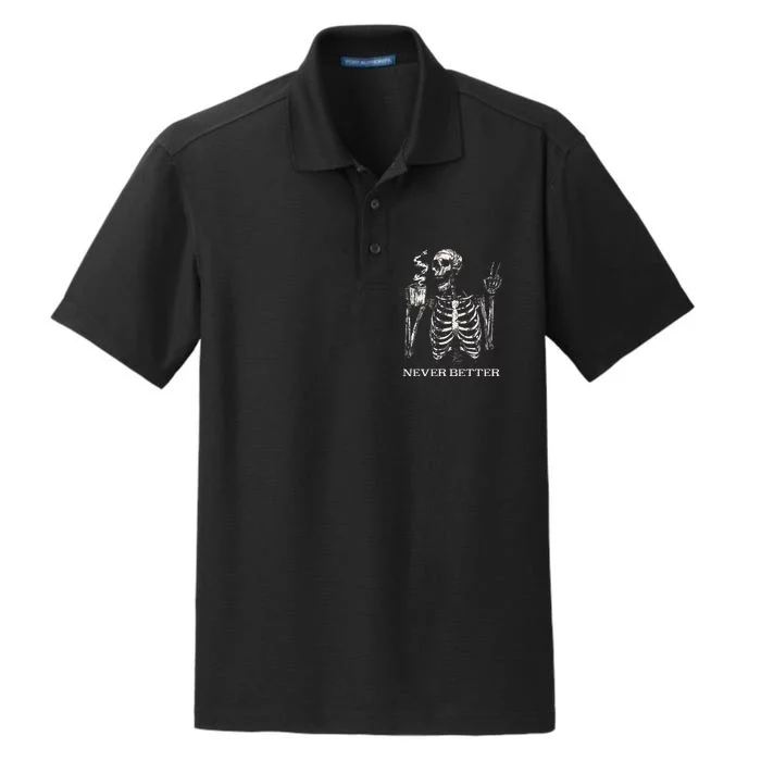 Never Better Skeleton Drinking Coffee Gothic Halloween Dry Zone Grid Performance Polo