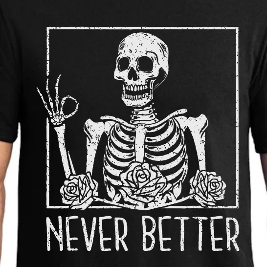 Never Better Skeleton Fine Hand Sign Flower Skull Halloween Pajama Set