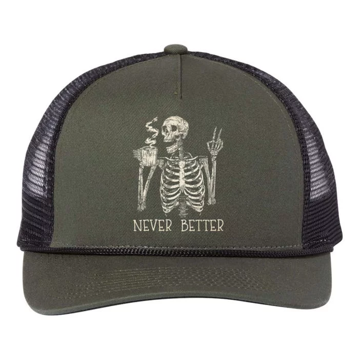 Never Better Skeleton Drinking Coffee Halloween Party Retro Rope Trucker Hat Cap