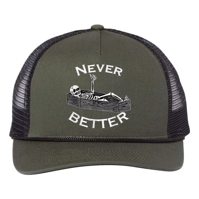 Never Better Skull Skeleton Is In The Coffin Halloween Retro Rope Trucker Hat Cap