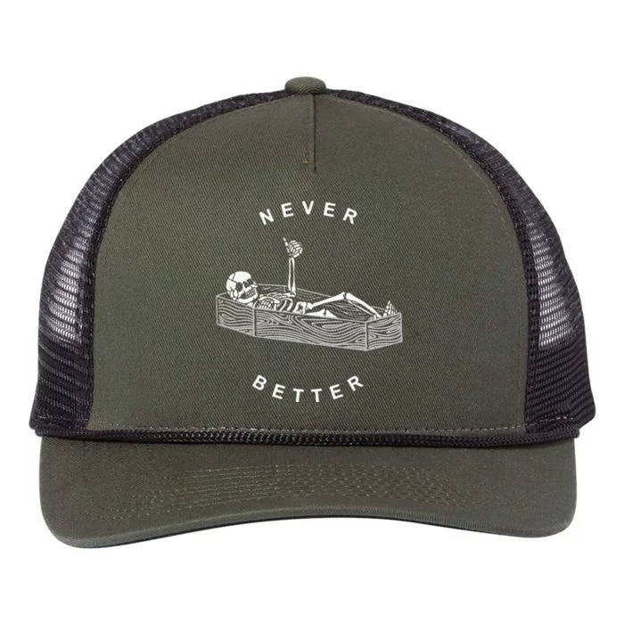 Never Better Skull Skeleton In The Coffin Halloween Retro Rope Trucker Hat Cap