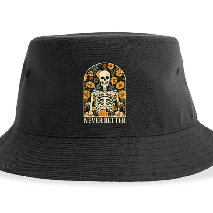 Never Better Skeleton Floral Funny Skull Halloween Sustainable Bucket Hat