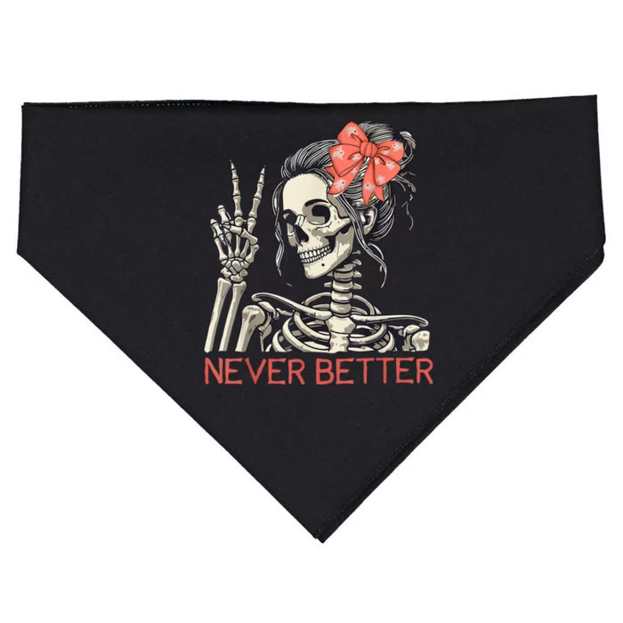 Never Better Skeleton Halloween Skull Mom Messy Bun USA-Made Doggie Bandana