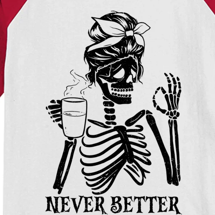 Never Better Skeleton Ing Coffee Peace Halloween Gift Kids Colorblock Raglan Jersey