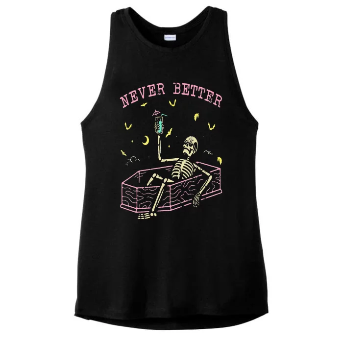 Never Better Skeletons Relaxing In Coffin Night Ladies Tri-Blend Wicking Tank