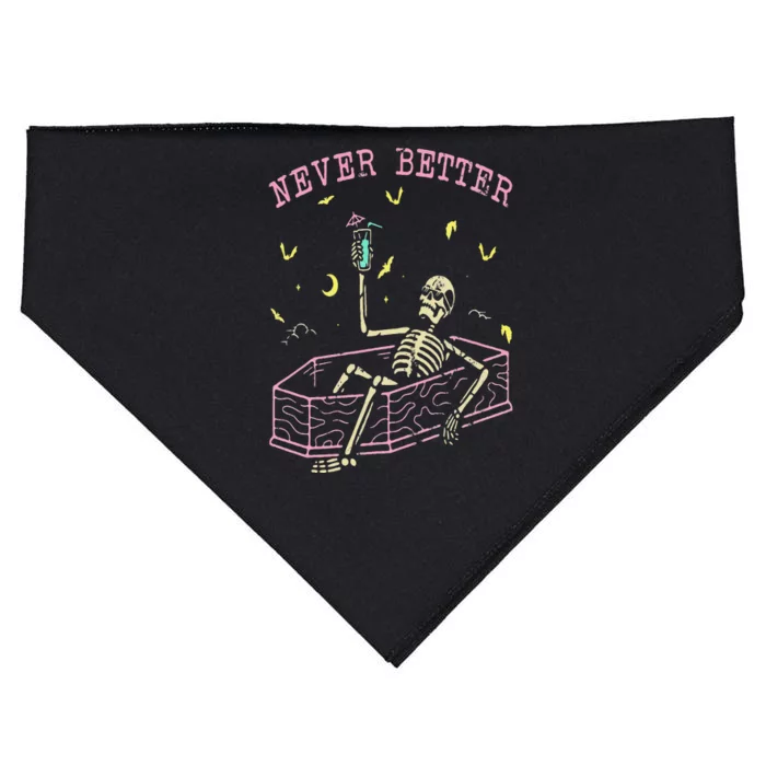 Never Better Skeletons Relaxing In Coffin Night USA-Made Doggie Bandana