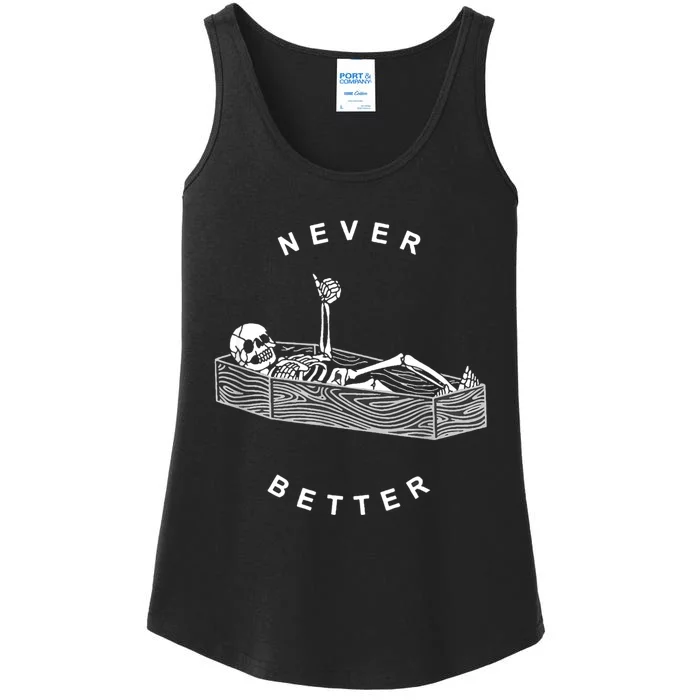 Never Better Skull Skeleton In The Coffin Halloween Ladies Essential Tank