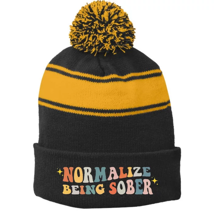 Normalize Being Sober Sobriety Addiction Recovery Motivation Stripe Pom Pom Beanie