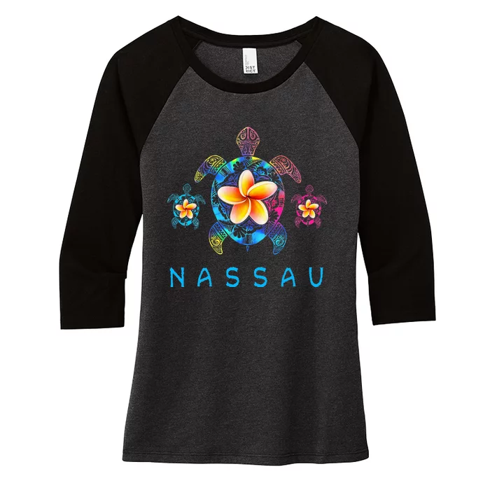 Nassau Bahamas Tribal Tie Dye Sea Turtle Women's Tri-Blend 3/4-Sleeve Raglan Shirt